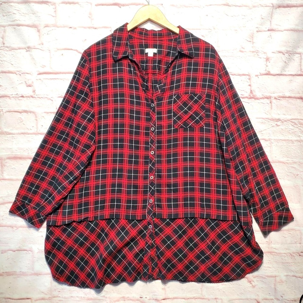 J Jill Shirt Womens 2X Red Black Plaid Button Front Tunic Shirt 100% Cotton Fall